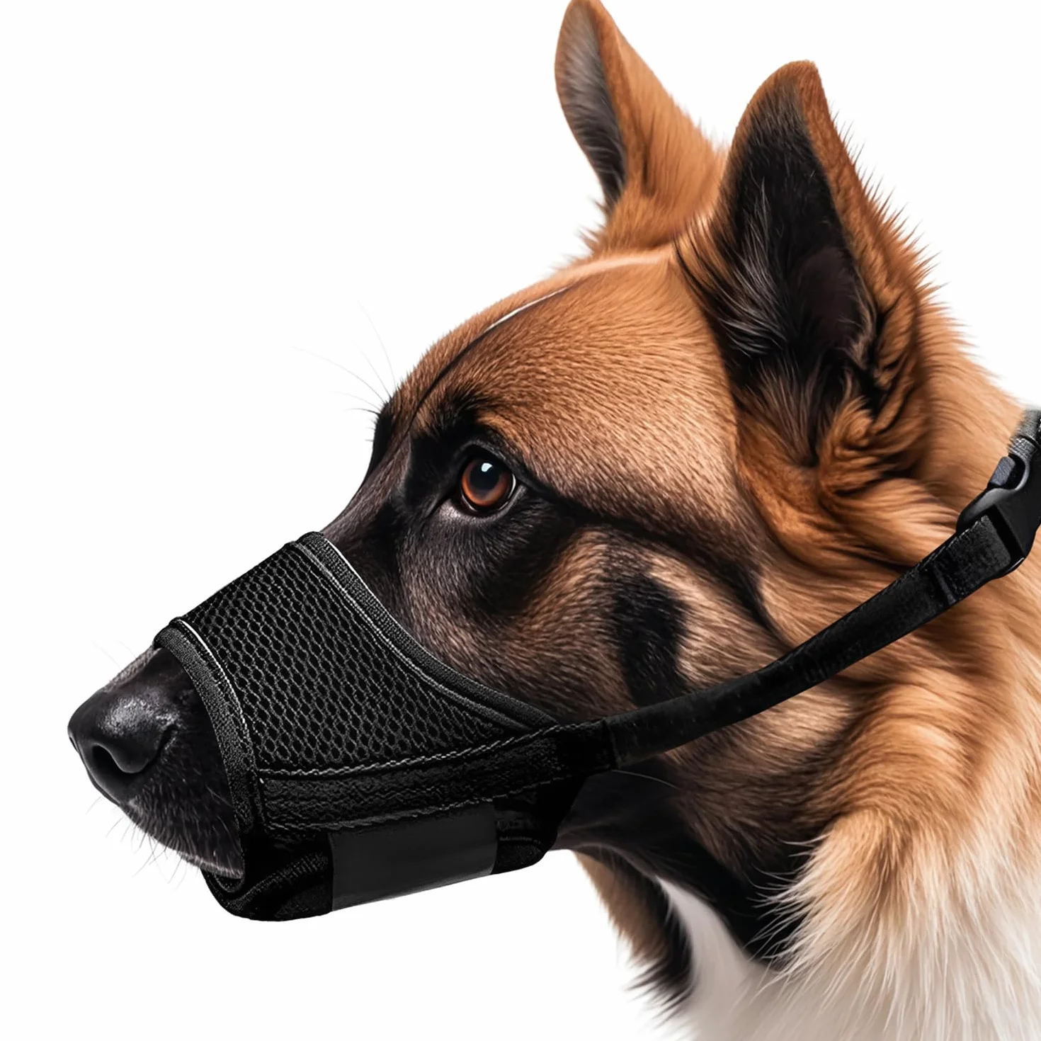 LATRAT Museliere pour Chiens, Muselière en Nylon Réglable, Souple Boucle Maille Tissu, Respirante, empêche de Manger, de Mordre et de AboieMent, Noir L