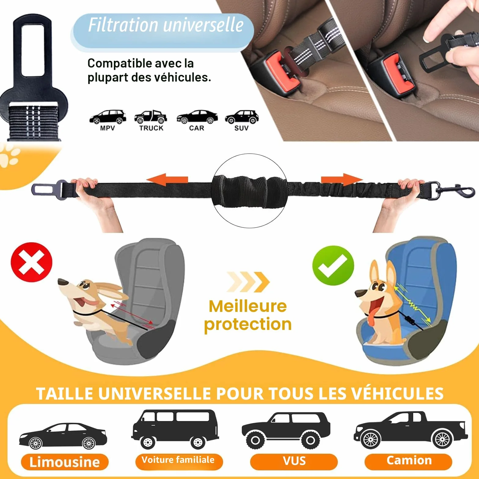 Ceinture de sécurité pour chien pour voiture, harnais réglable à double usage, ceinture de sécurité pour animal de compagnie, pour tout type de voiture, accessoire de voyage pour chien