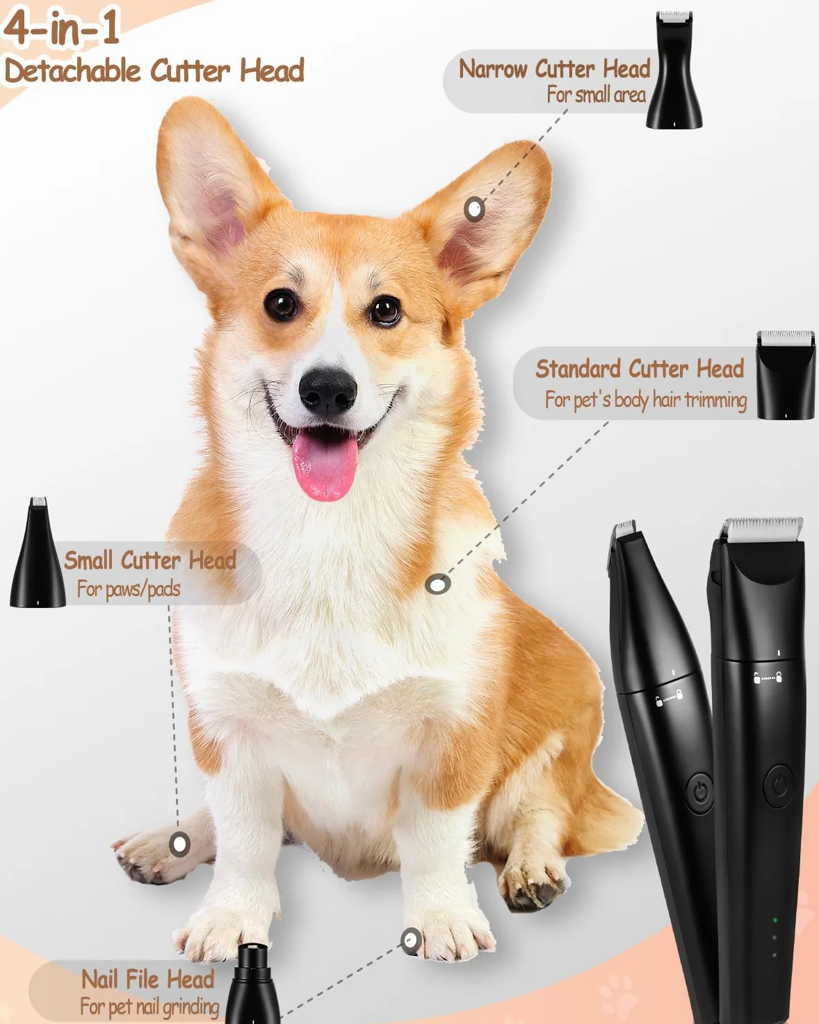 Tondeuse 4 en 1 pour chien pour toilettage de pattes, kit de toilettage pour chien rechargeable USB-C avec deux vitesses, rasoir sans fil pour poils épais pour caniche, petits animaux de