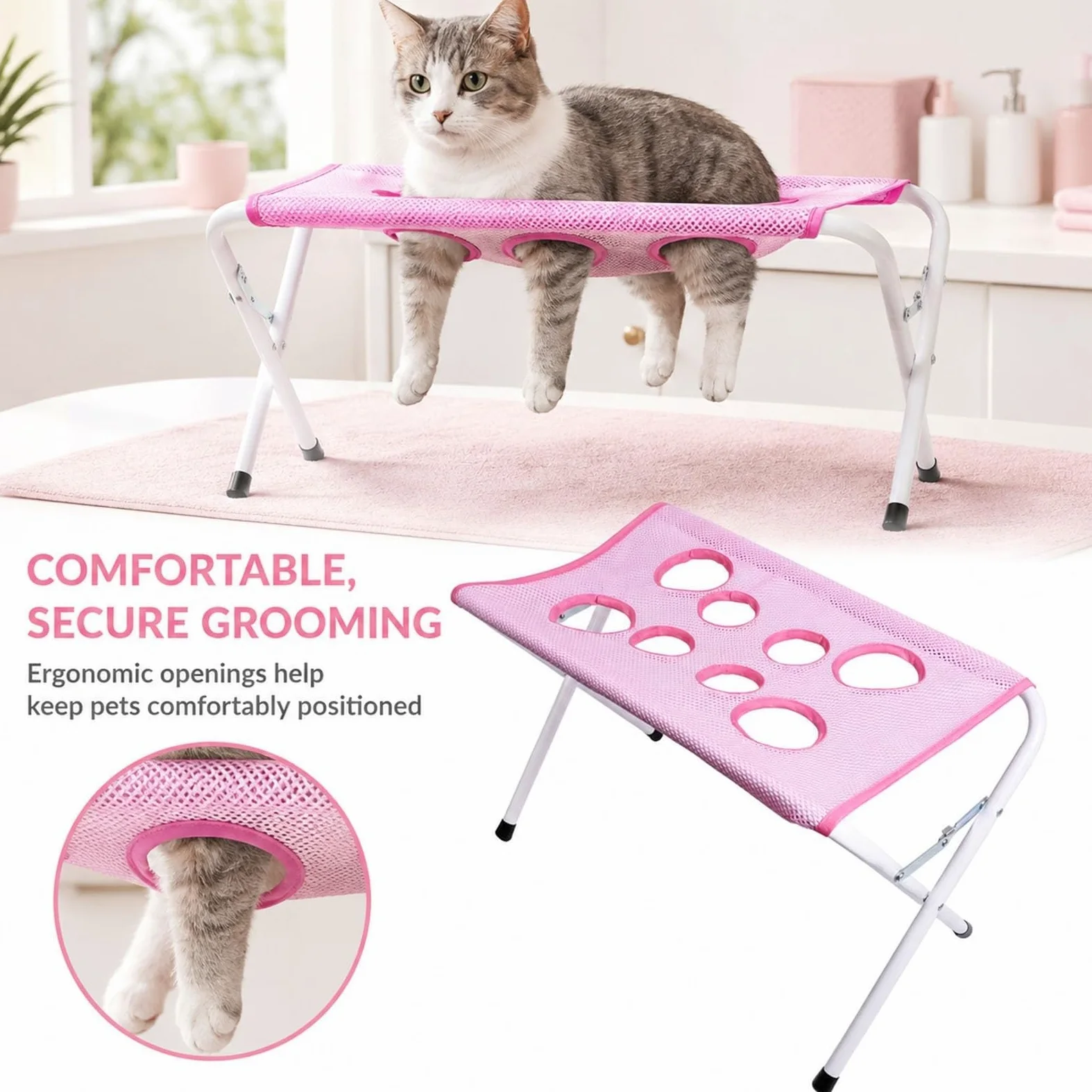Table de Bain pour Chien Pliable, Station de Toilettage pour Animaux | Avec Surface En Filet Et Sangle De Sécurité, Support De Lavage Portable Pour Petits Et Moyens Chiens Et Chats(Pink)