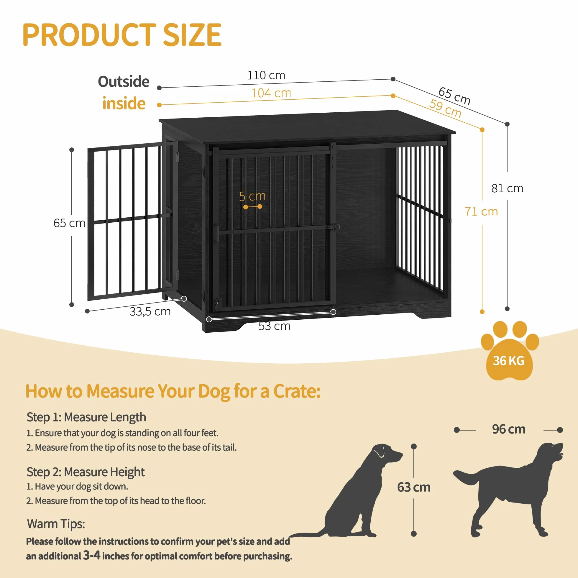 Hzuaneri Cage pour Chiens 110cm Table d’Appoint Niche Moderne 2 Portes 110 × 65 × 81 cm Noire