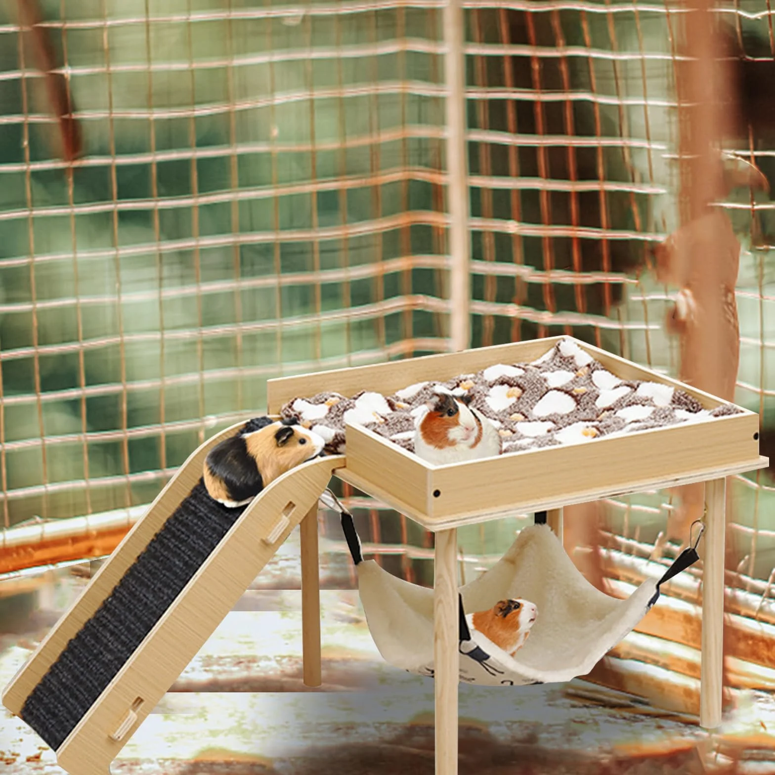 Hamac pour cochons d'Inde et hamsters avec support en bois - Pour rats, chinchillas, lapins, furets