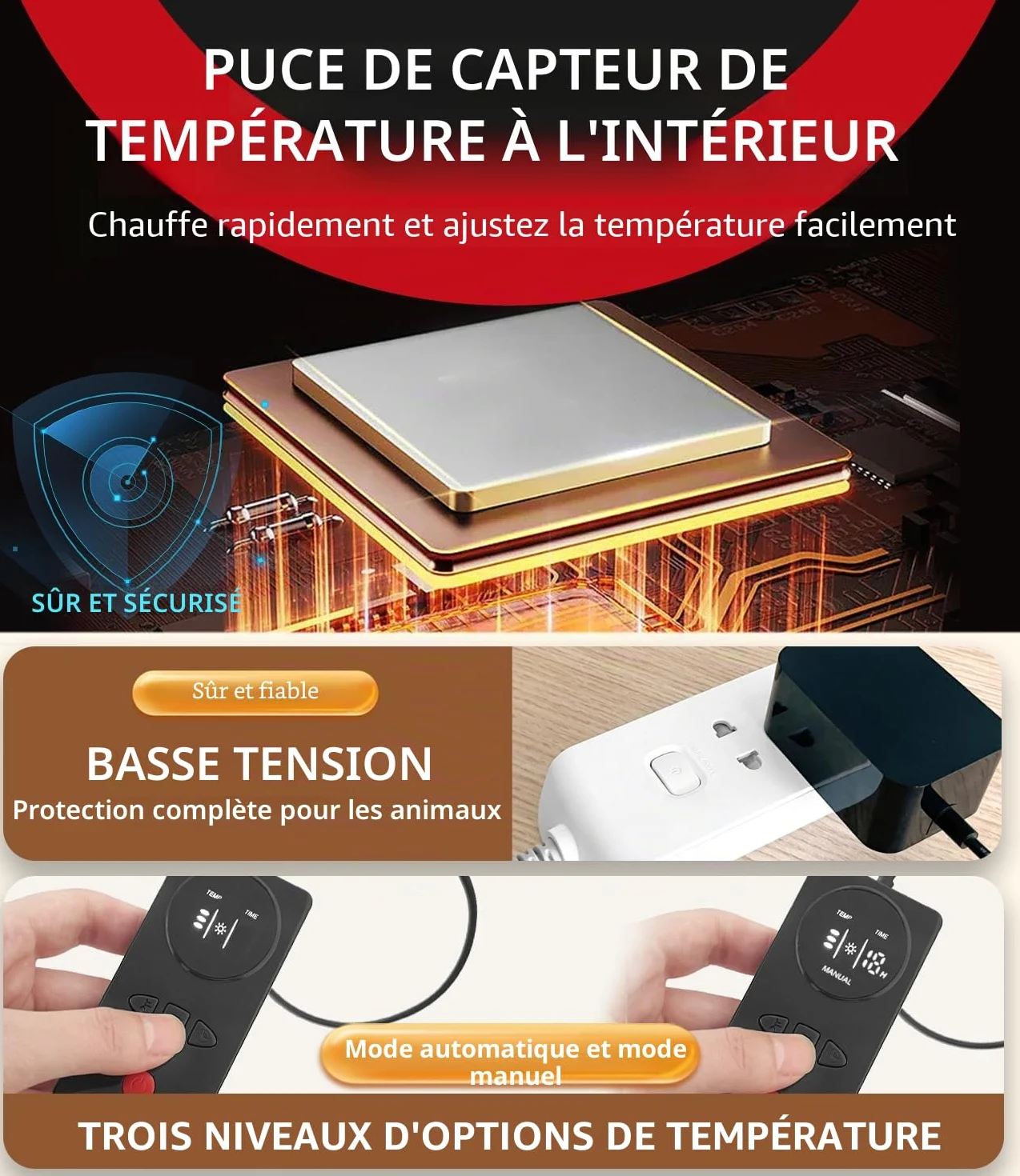 Tapis chauffant pour chien et chat activé par pression - Tapis chauffant électrique automatique pour animal domestique - Tapis chauffant avec cordon résistant à la mastication - Température réglable