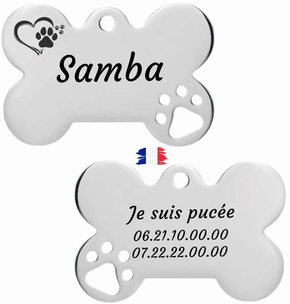 Médaille chien en acier inoxydable personnalisable avec gravure nom et téléphone, plaque identification os