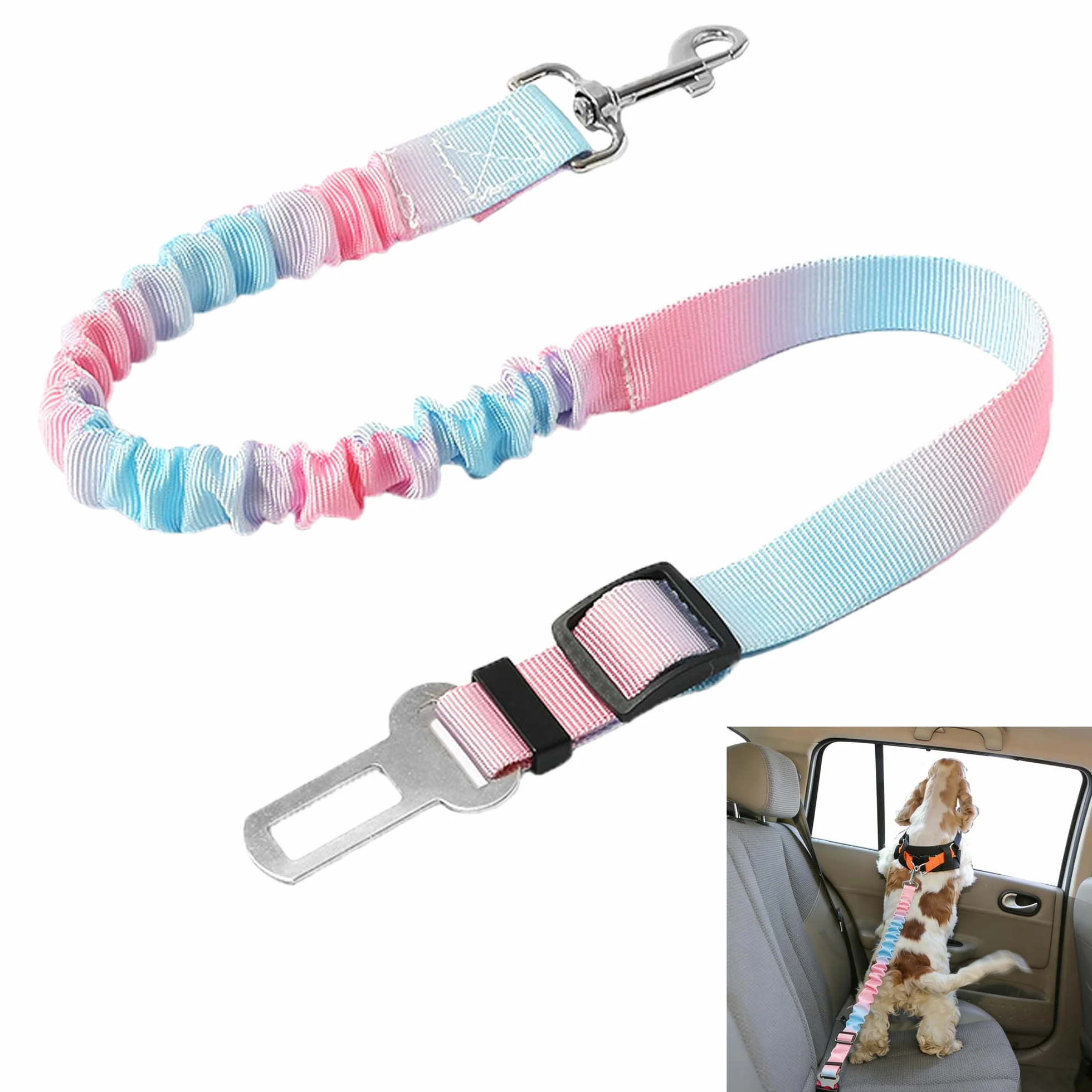 Réglable Ceinture Securite Chien Voiture - 1 Pièce, Bleu Rose Dégradé, Elastique Attache Chiens Voitures, Adaptée à Tous Les Types d'animaux et de Modèles de Véhicules