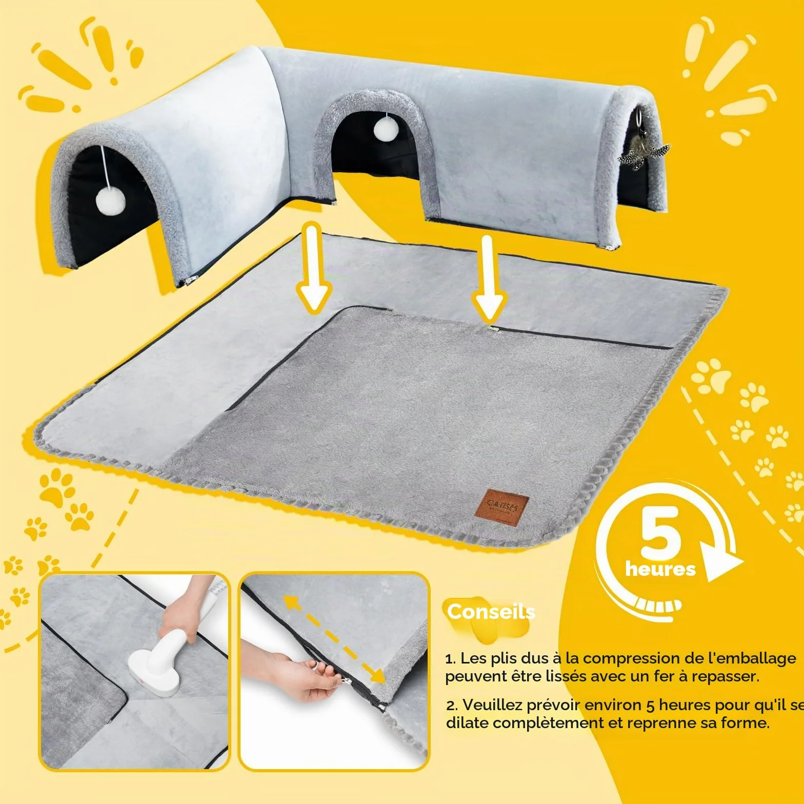 CATISM Lit Tunnel pour Chat à l'intérieur, Tube de Jeu Amovible pour Chaton, Tapis Lavable pour Chaton avec Jouets à balles