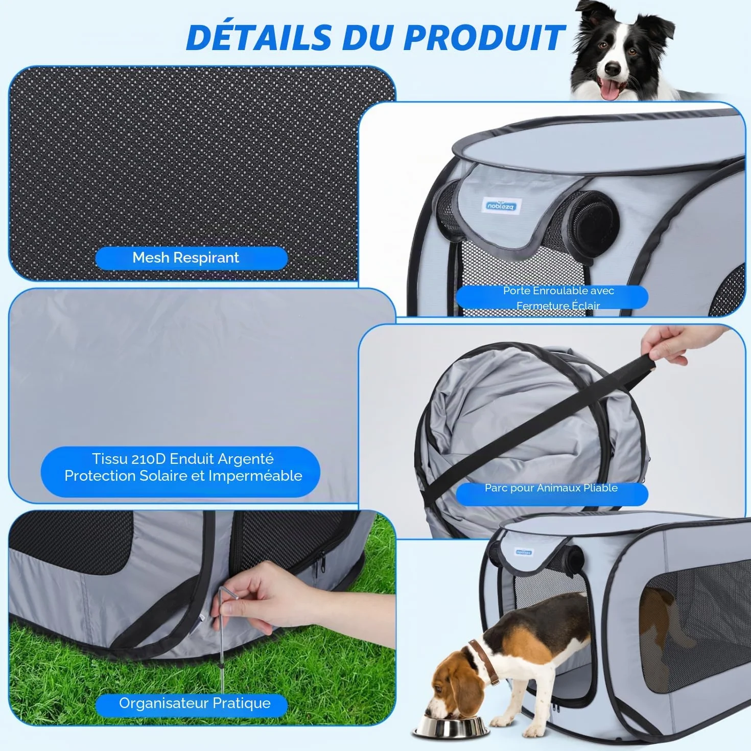 Nobleza Cage Portative pour Chien Chat Voiture, Parc Pliable Chien, Clôture Animaux Tissu Oxford Imperméable, 93x54x54 cm