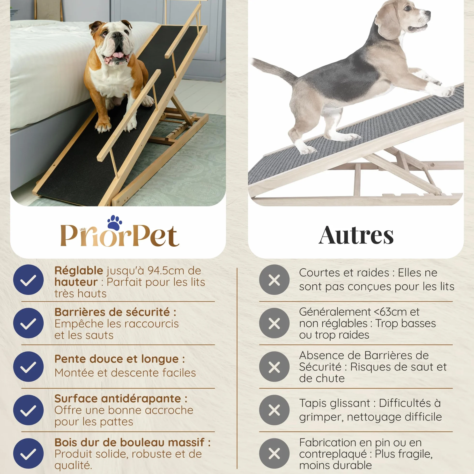 PRIORPET Rampe pour Chien avec Barrières de Sécurité Escalier Pliable Lit Haut 94.5 cm Bois de Bouleau Antidérapante 23kg Naturel