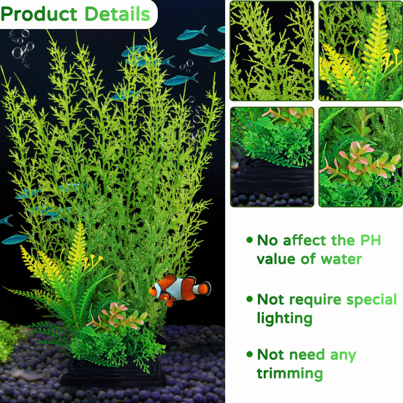QUOZUO Accessoires pour aquarium - Grandes plantes vertes - 3 pièces