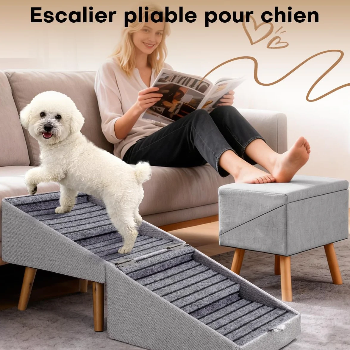 Escalier pour Chiens et Chats 2 en 1, 4 Marches Rampe Antidérapant pour Canapé Lit, Gris Clair 43,5 cm