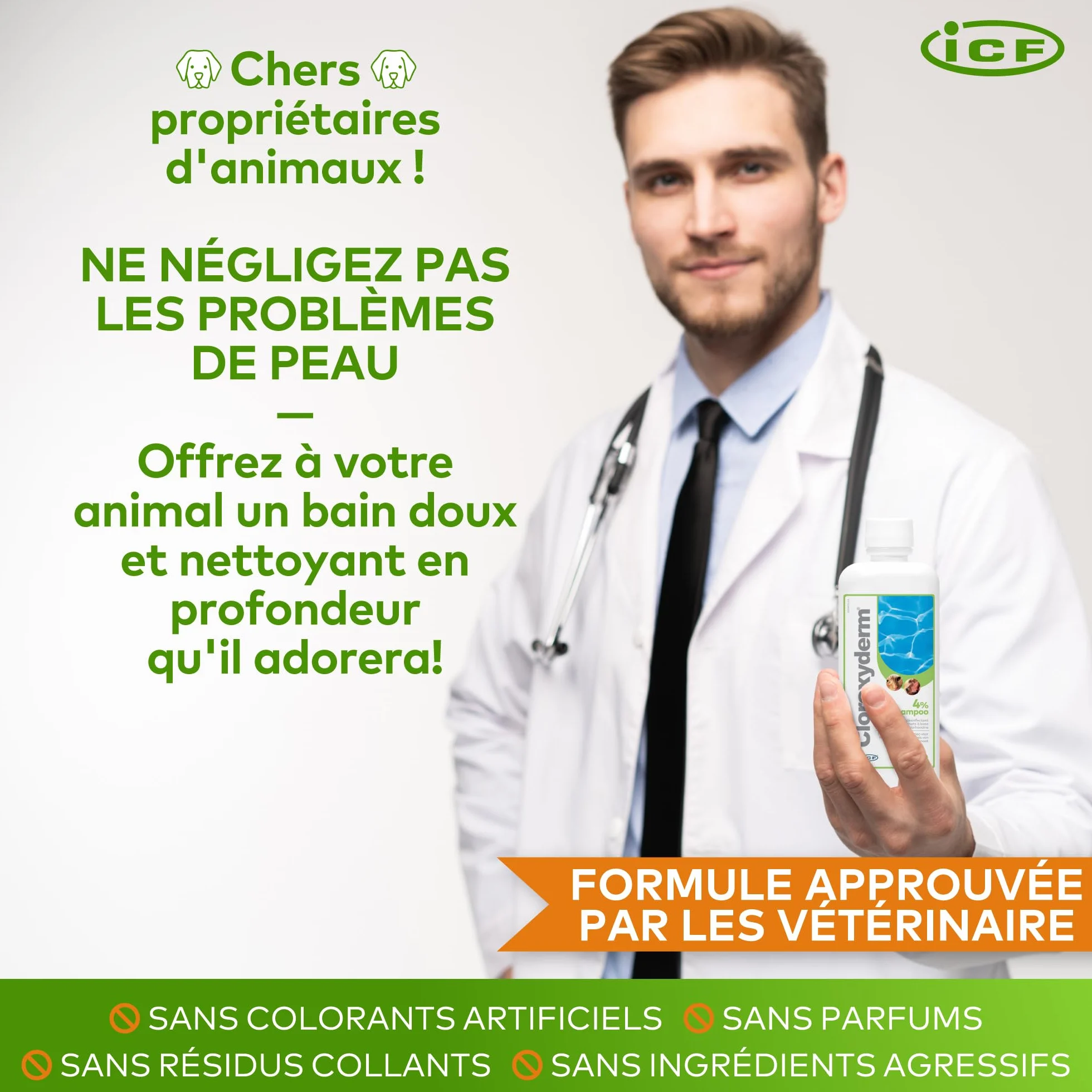 ICF | Clorexyderm 4% Shampoing Chien | Shampooing Chien Antiseptique, Hydratant et Anti Odeur pour Chien et Chat | Assainit, Hydrate et Protège la Peau | 250ml