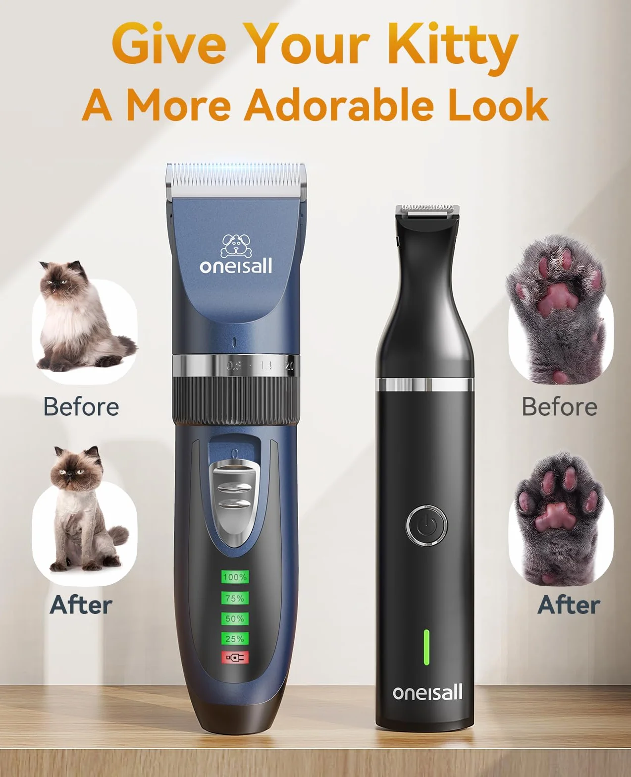 Oneisall Tondeuse pour chien 2 en 1 sans fil faible bruit toilettage pattes