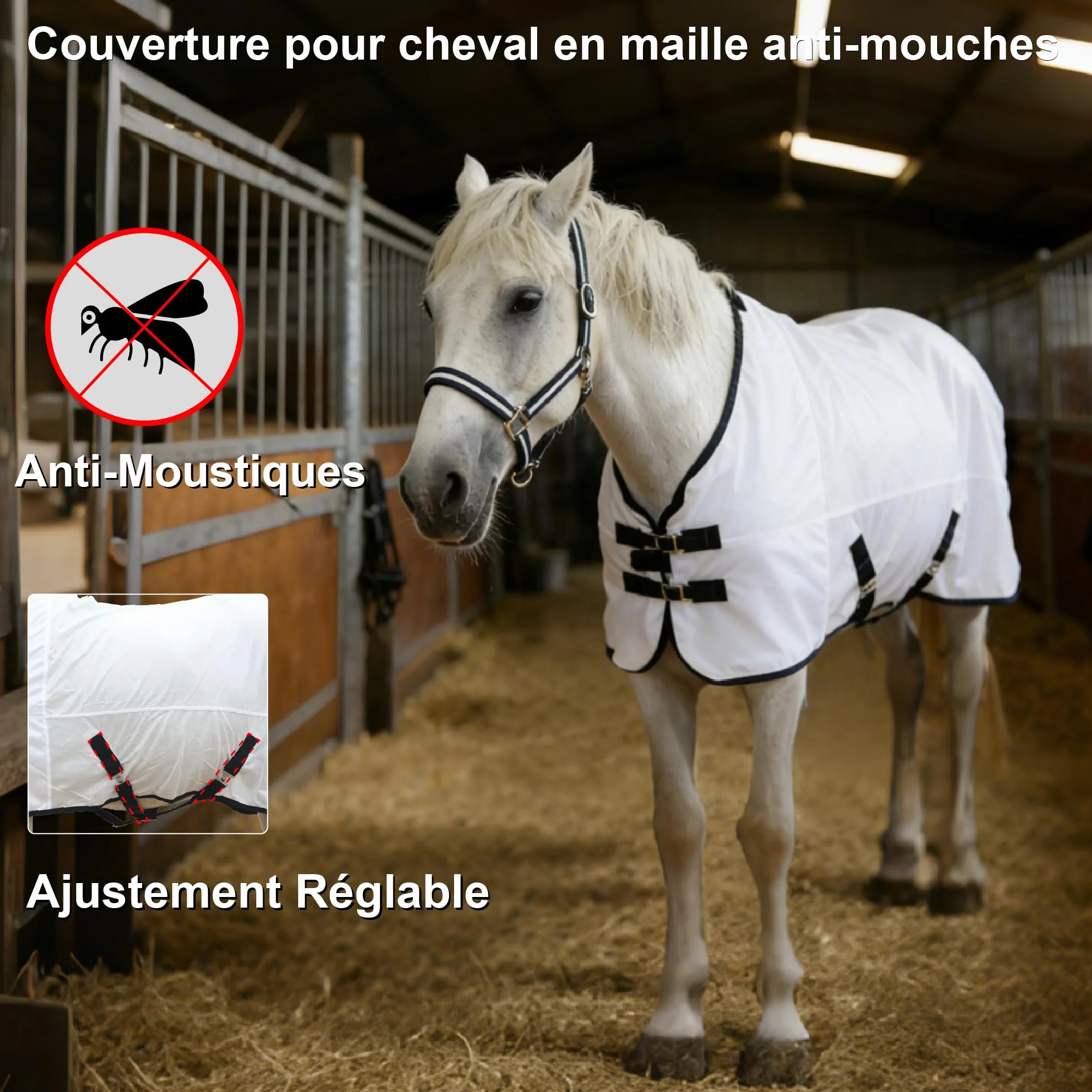 Couverture Anti-Mouches pour Chevaux 130cm Blanc Protection UV Légère Respirante Ajustement Réglable