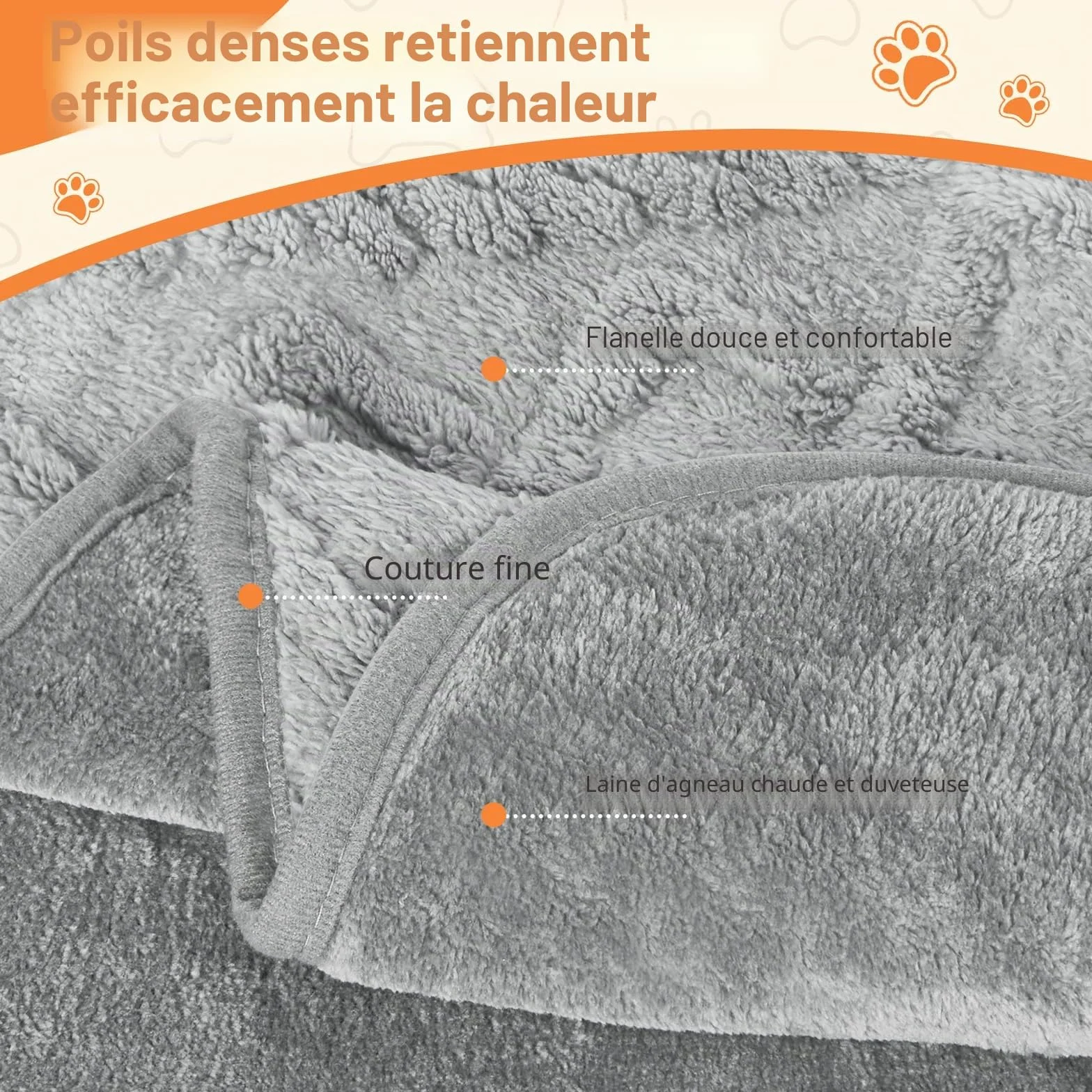 Couverture Chien Imperméable 100x75cm Flannel Réversible Lavable Machine Gris