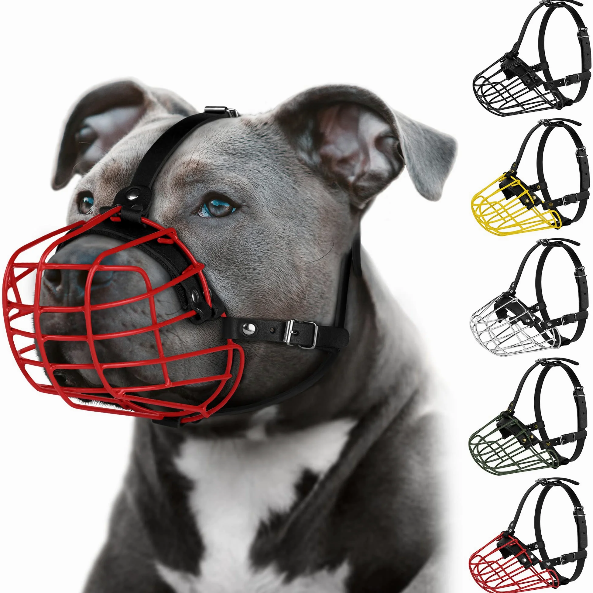 Pitbull Muselière pour chien en métal Amstaff avec panier en fil métallique réglable et sangles en cuir durable pour grands chiens (rouge)