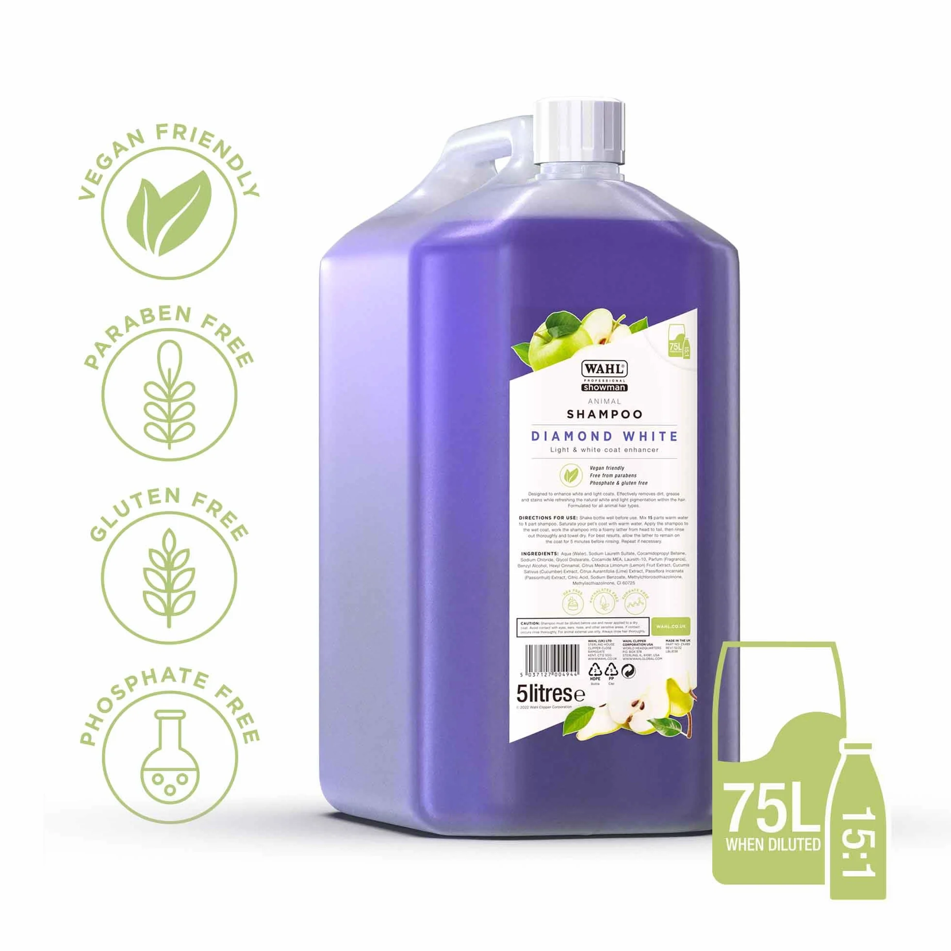 WAHL Diamond White Animal Shampoo 5 L éclaircissant concentré 15:1 végétalien sans parabènes