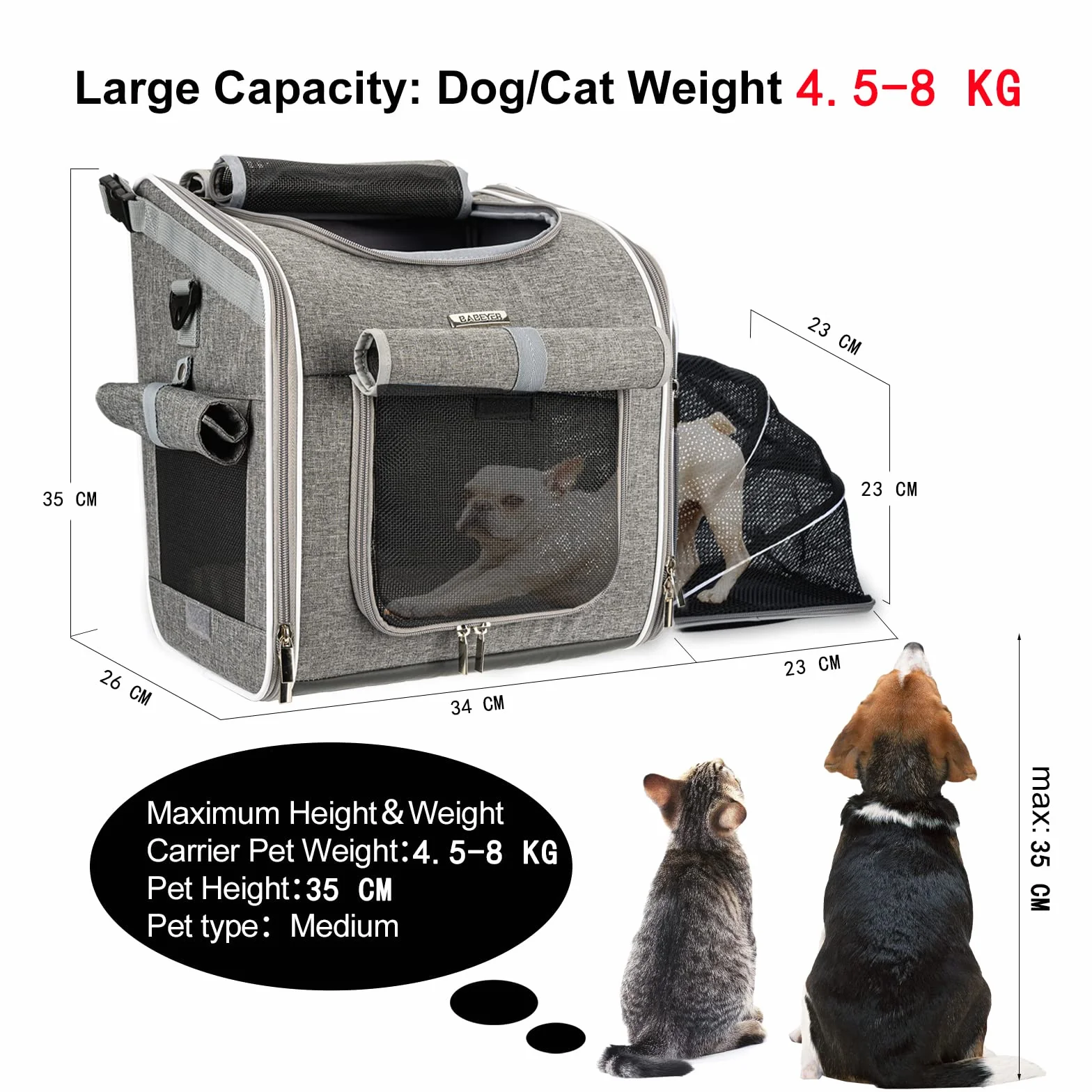 Panier de vélo extensible et souple 4 portes ouvertes fenêtres maille pour petits chiens chats chiots Gris