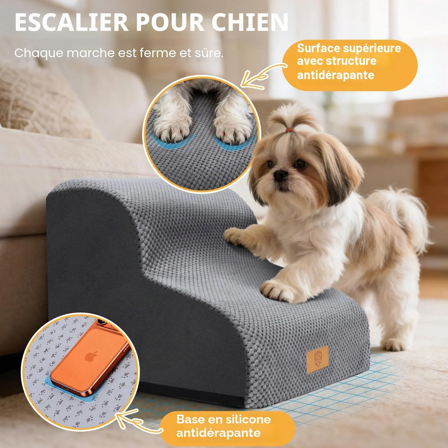 Escalier pour Chiens et Chats 2 Marches, Rampe pour Animaux en Mousse Haute Densité avec Couvercle Amovible