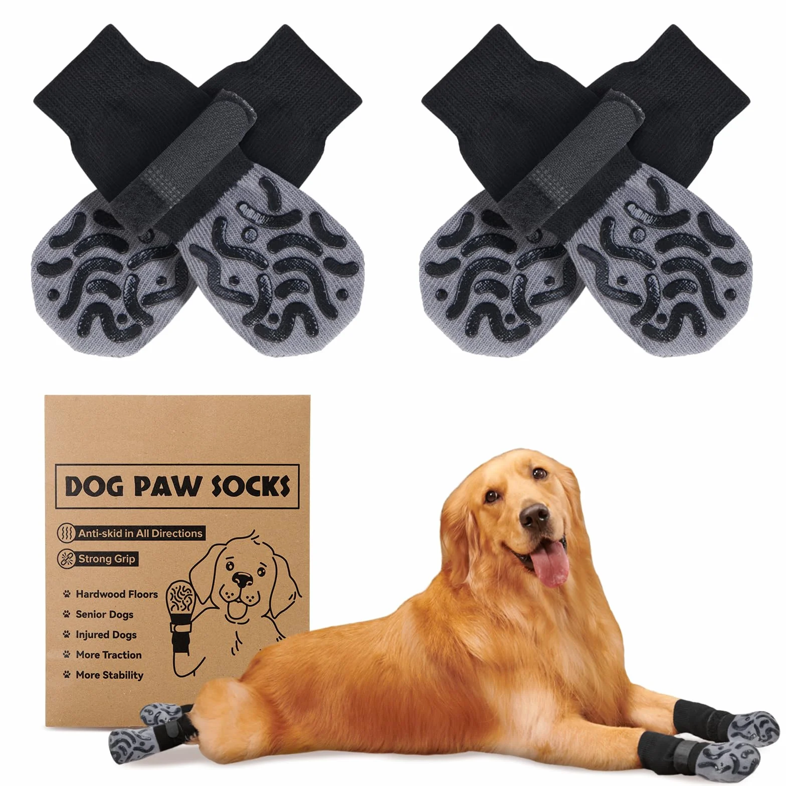 PICK FOR LIFE Chaussettes antidérapantes pour chien Lot de 2 paires avec fermeture réglable Protection des pattes contrôle de traction