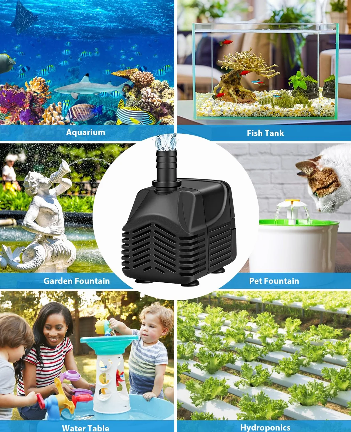 MOSFiATA Pompe à Eau Immergée 25W 1500 L/H Silencieuse Submersible pour Aquarium Fontaine Jardin avec 2 Buses 1,5M Tuyau