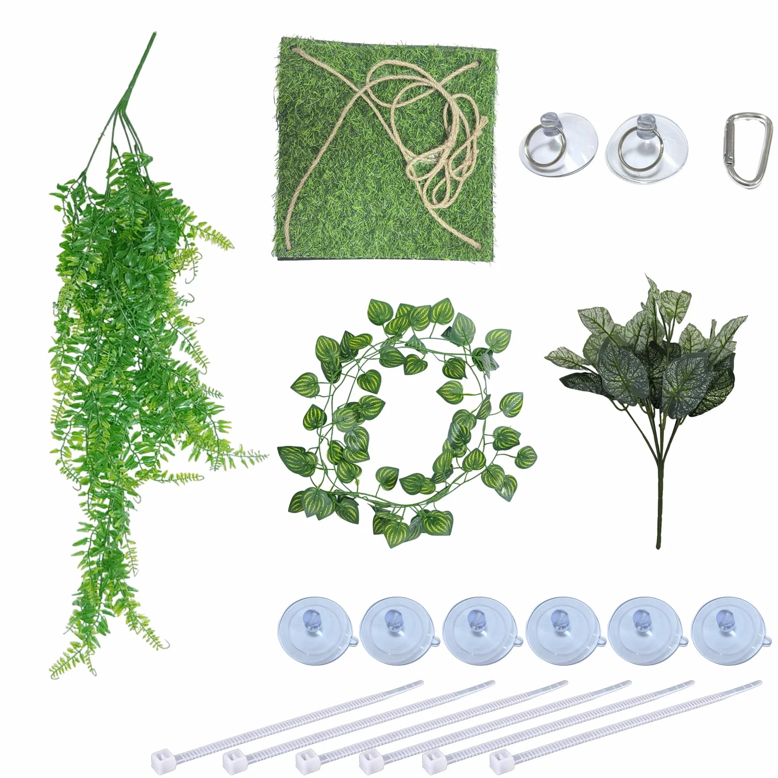 4-en-1 Plantes Suspendues et Hamac pour Reptiles – Ensemble de Décoration de Terrarium pour Reptiles avec Lianes Flexibles & Ventouses – Idéal pour Lézard, Caméléon, Gecko, Tortue (Vert)