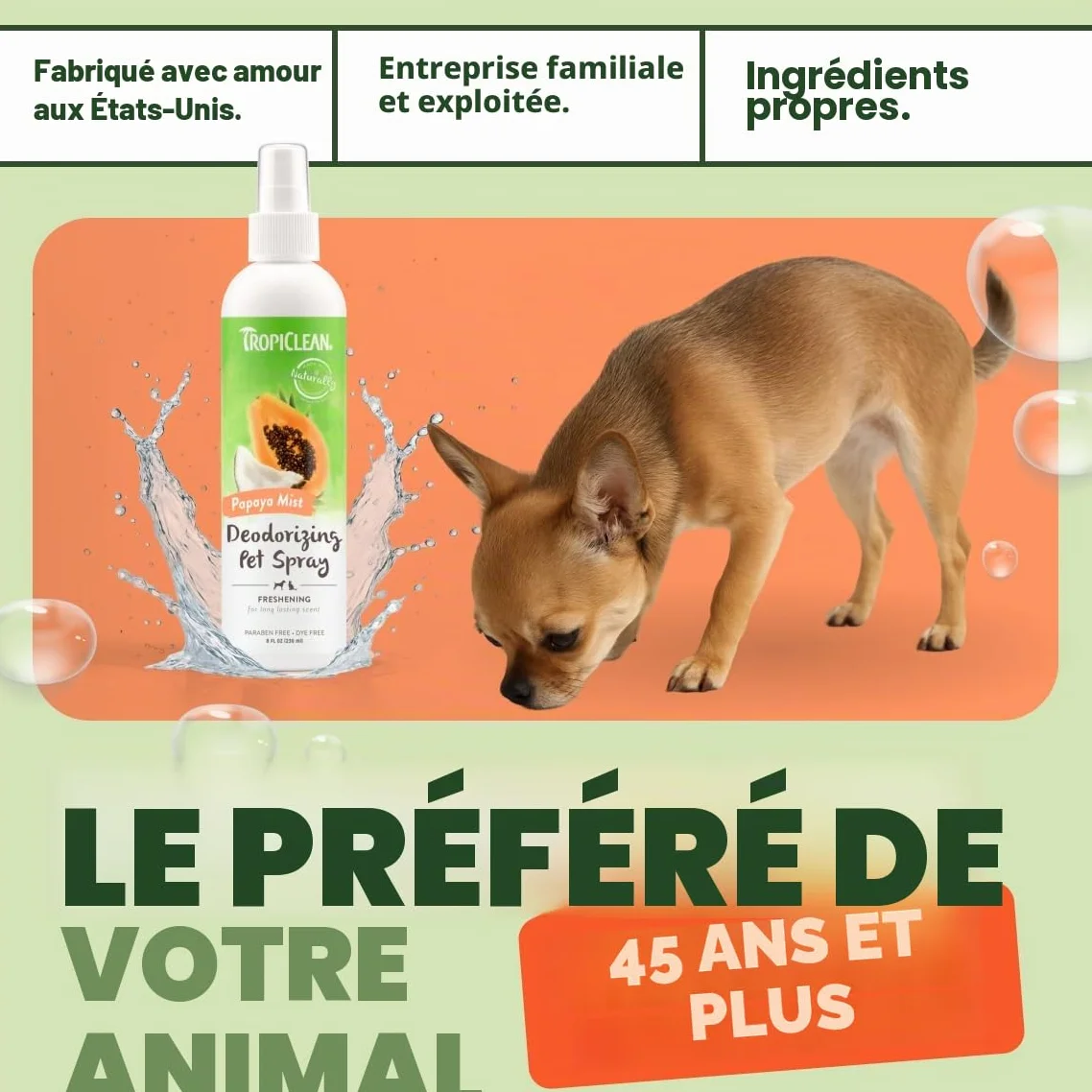TropiClean Spray Désodorisant pour Animaux de compagnie Chiens & Chats - Parfum Longue Tenue - Sans Paraben & Sans Colorant - Brume de Papaye, 236 ml