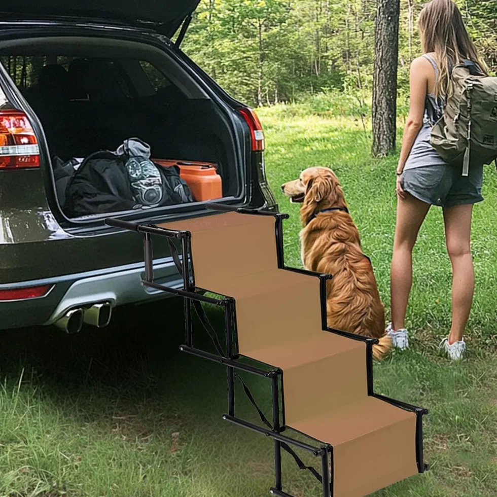 Rampe pour Chiens Charge Jusqu'à 60 kg, Escalier pour Chien Pliable, 5 Marches Escalier Chien Voiture, Réglable Hauteur 56-76 cm(22"-30"), Rampe Chiens pour Voiture, Canapé ou Lit (Marron)