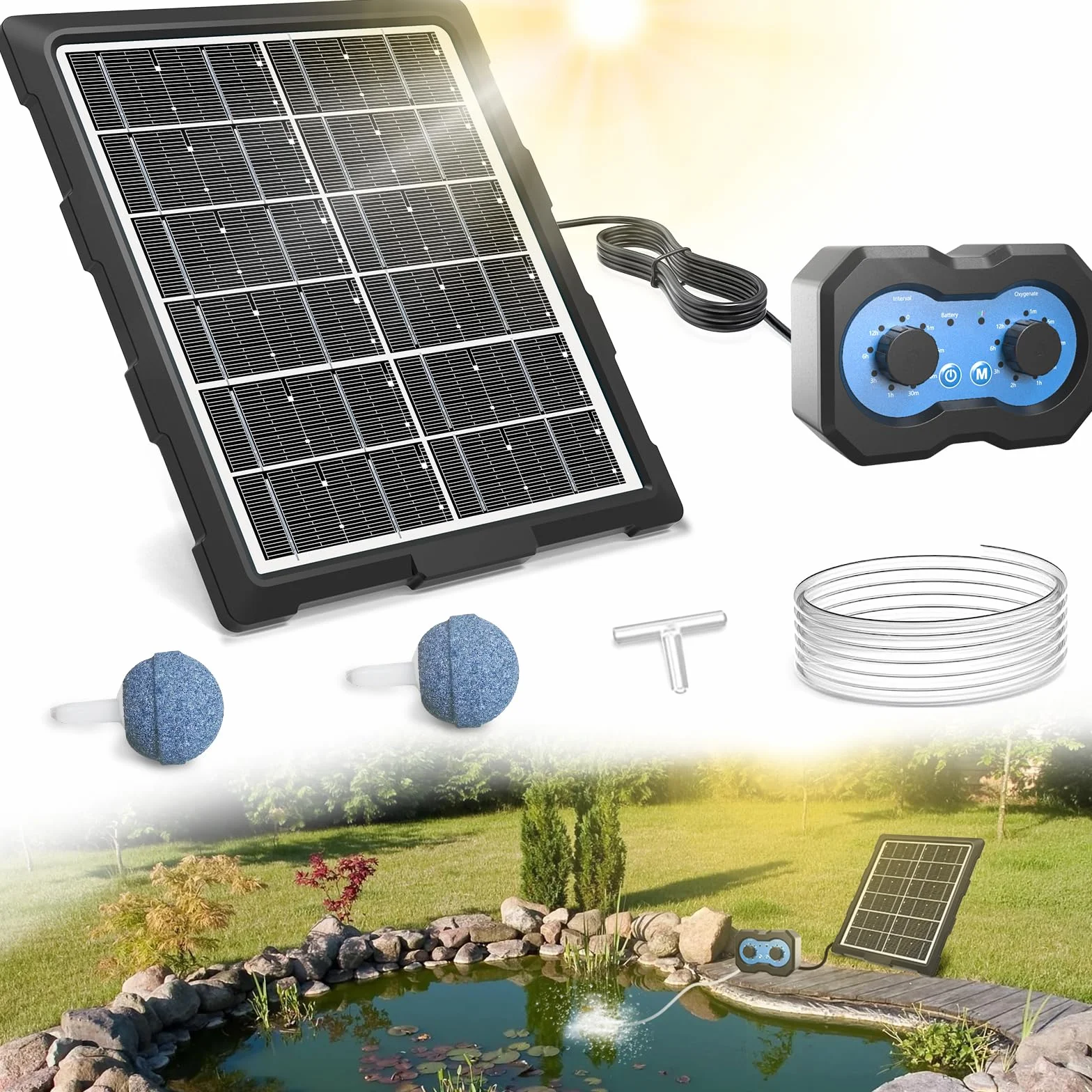 Pompe à air solaire oxygénateur pour étang avec minuterie