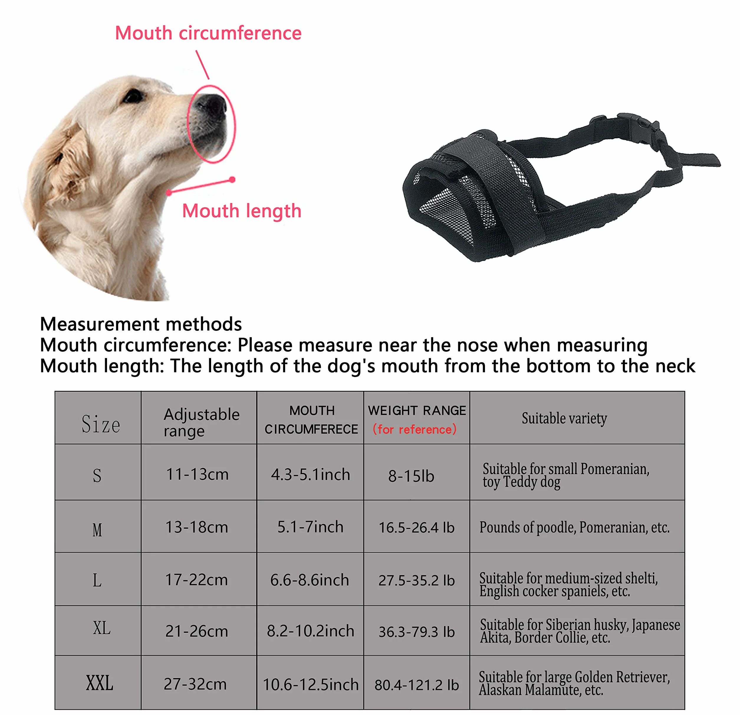 YAODHAOD Respirant Muselière en Nylon Réglable pour Chiens, Réglage Rapide de la Muselière, Museliere Anti-Aboiements et Anti-Morsures(L, Noir)