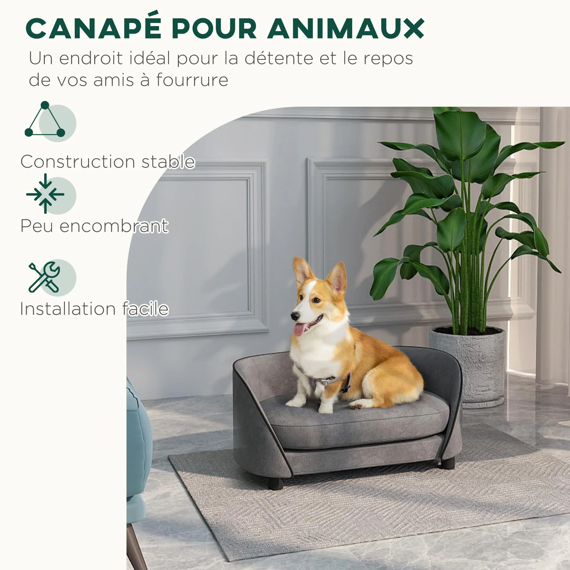 PawHut Canapé pour Chien en Velours néerlandais, Coussin Doux, Housse Amovible et Lavable, pour Petite à Moyenne Taille, Gris