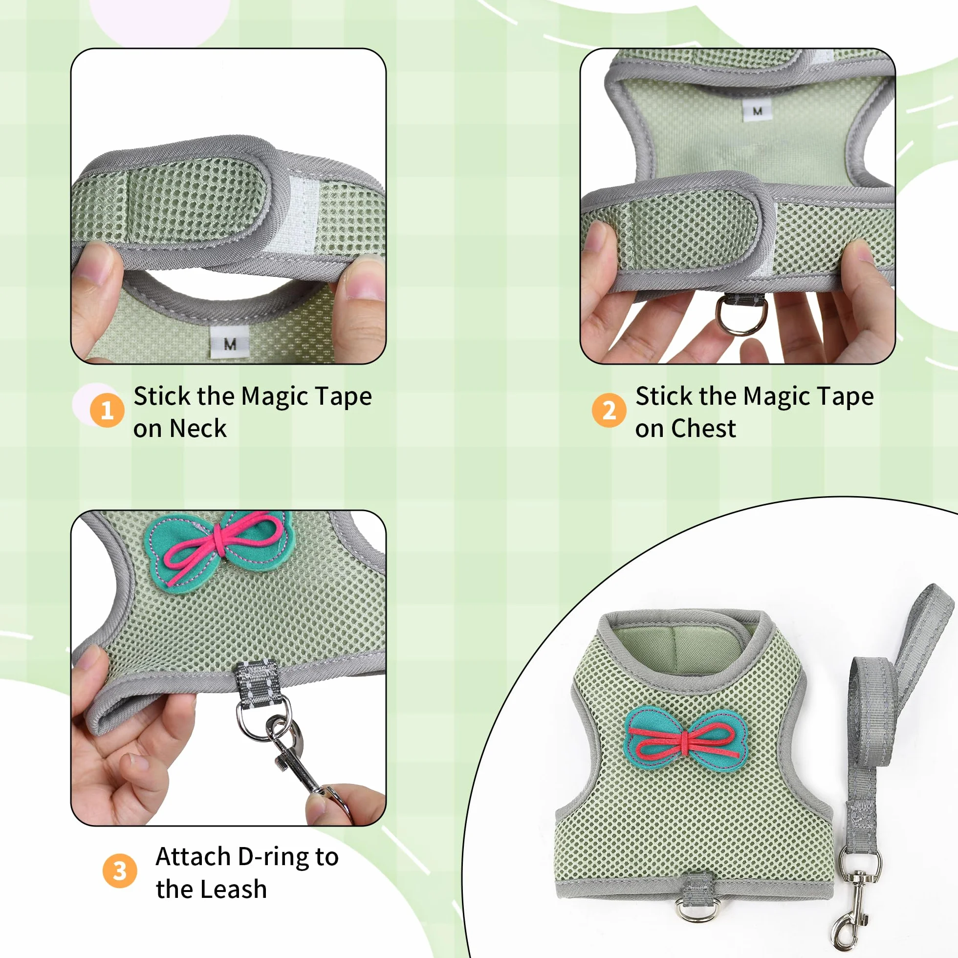 AIITLE Ensemble harnais et laisse pour lapin avec nœud mignon, harnais réglable anti-fugue pour lapins, chatons, furets, chiots et petits animaux de compagnie, pour promenade, randonnée, camping,