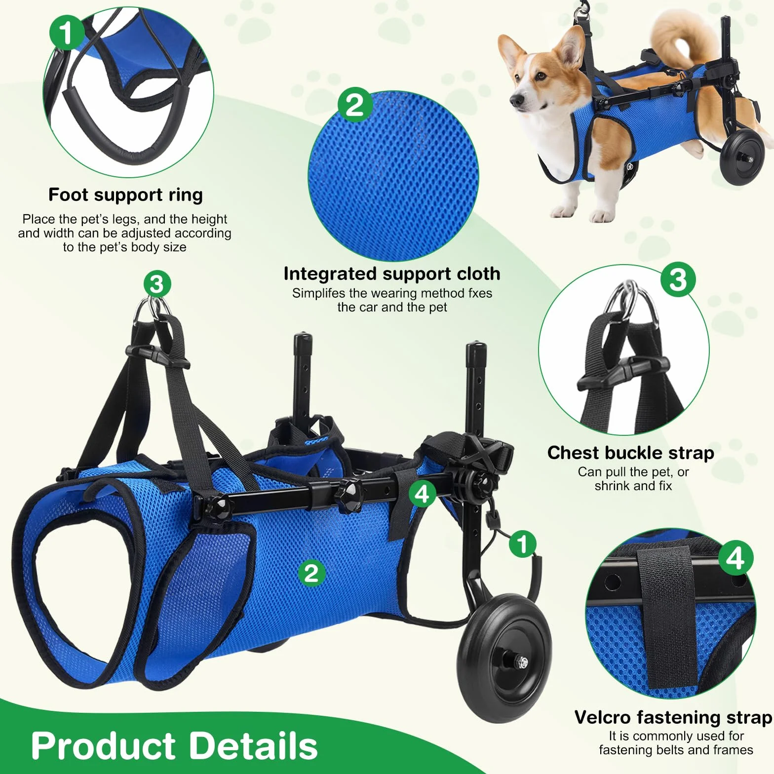 Fauteuil roulant réglable pour petits animaux de compagnie - Support jambe arrière pliable avec roues - Taille M