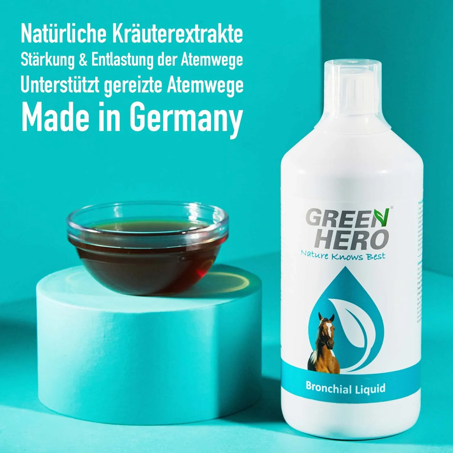 Green Hero Bronchial Liquid pour Chevaux 1000 ML – Jus d'herbes bronchiques avec extraits d'herbes de thym, fenouil et Plus – Jus bronchique avec Herbes respiratoires pour renforcer Les Voies