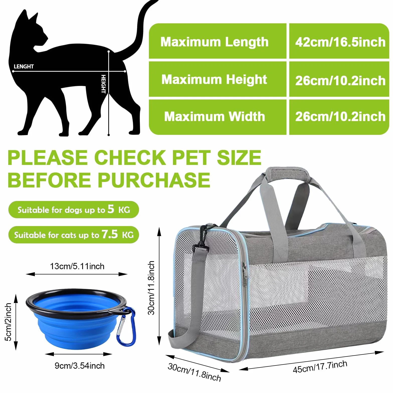 Caisse de Transport Chat Parois Souples, Respirant et Pliable Sac Transport Chat, Bandoulière Réglable Sac de Transport pour Chien Animaux de Petite et Moyenne Taille Jusqu'à 7,5kg