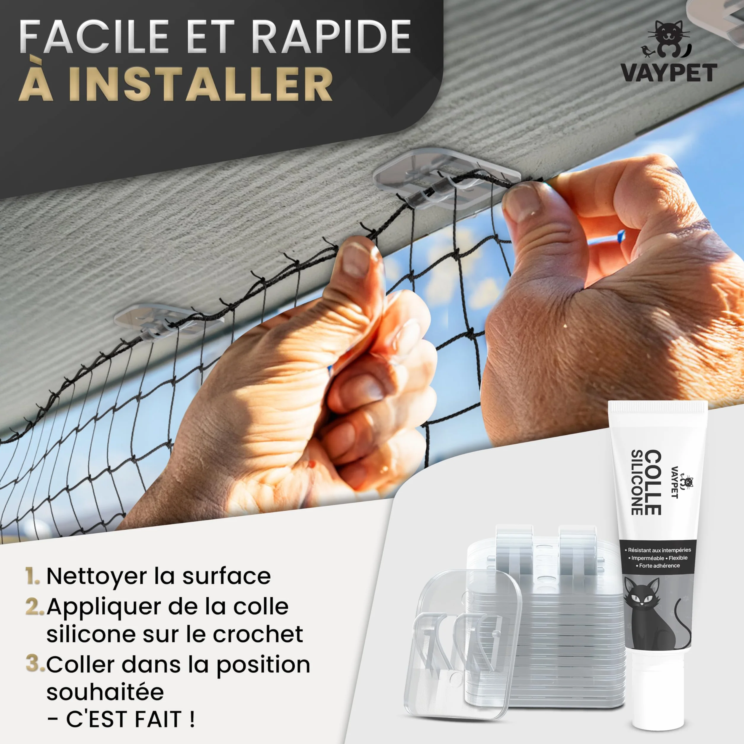 VAYPET® 100 Crochets Filet Chat Colle Silicone 60ml Fixation Attache Filet Chat Balcon sans Perçage Crochet Adhésif Extérieur Transparent