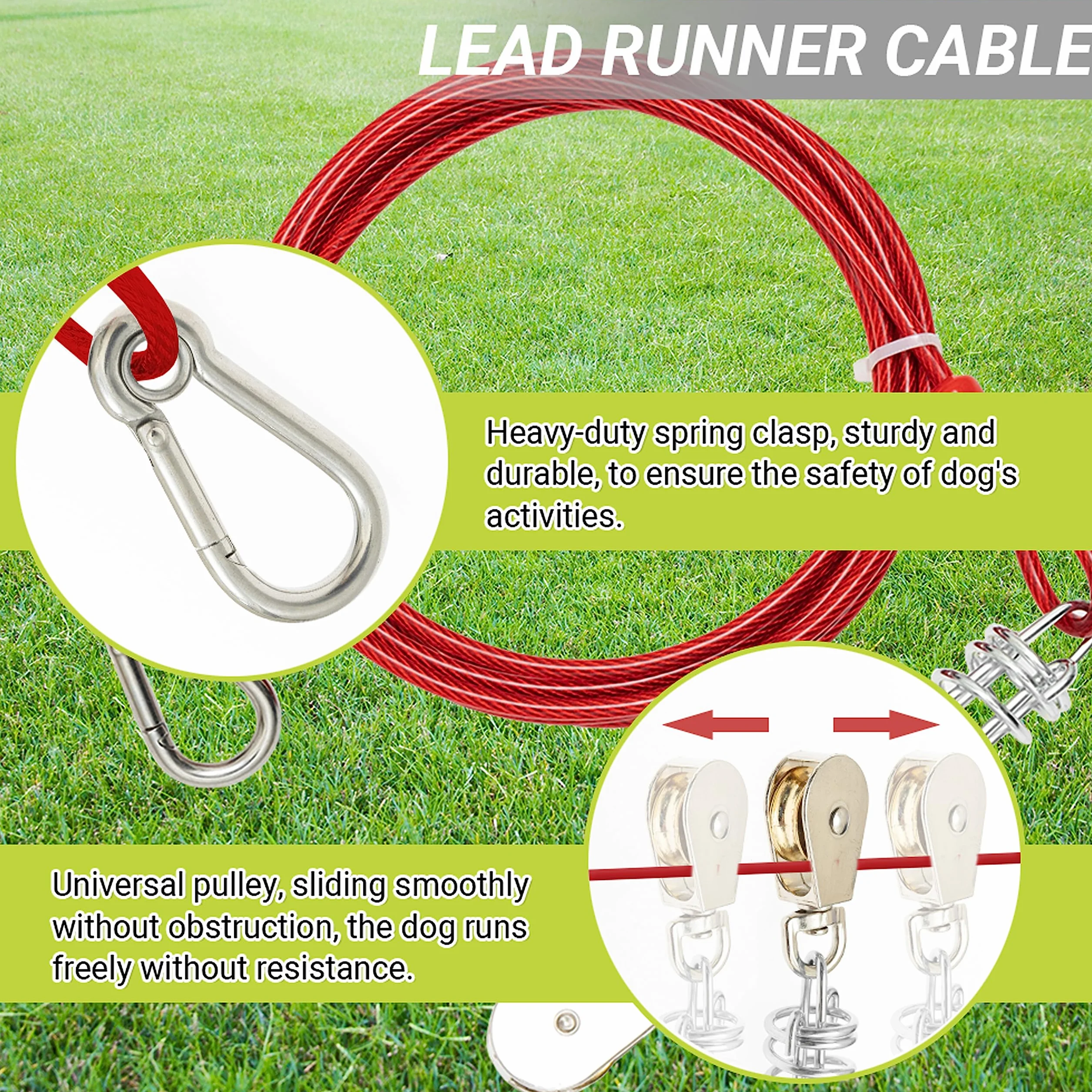 Câble d'attache pour chien 30,5 m long avec câble de course 3 m anti-mastication robuste extérieur