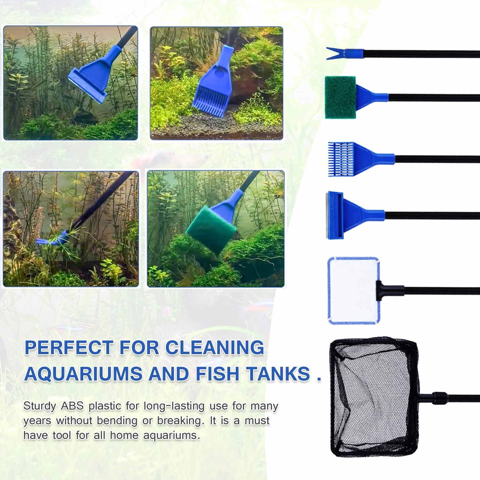 Kit d'outils de nettoyage pour aquarium 9 en 1, acier inoxydable, épuisette, râteau, fourche, grattoir