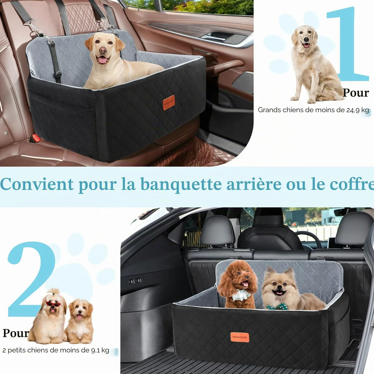 HEGGCOOE Siège auto pour chiens moyens/grands - Rehausseur pour animaux <25 kg ou 2 petits chiens, lit de voiture amovible et lavable pour siège arrière