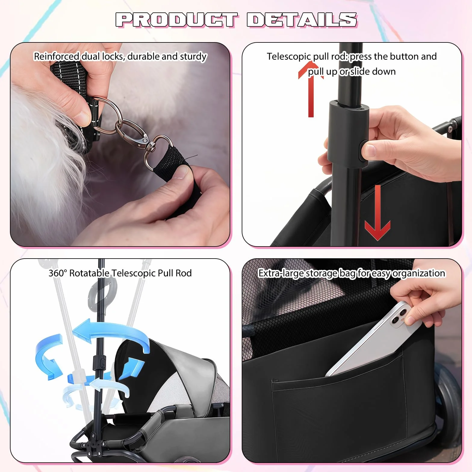 Chariot Pliable pour Chien 4 Roues avec Barre Pivotante 360° Poussette pour Chat Visière Solaire Tissu Oxford 600D Noir