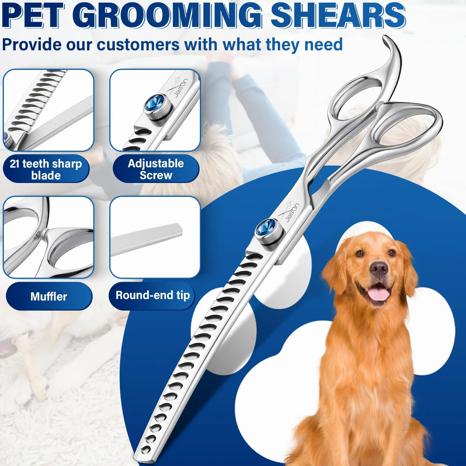 JASON Ciseaux de toilettage incurvés pour chien – 17,8 cm – Argent – Acier inoxydable 440C – Ciseaux professionnels pour toiletteur