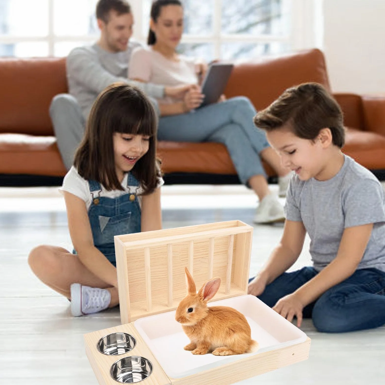 Grand Support en Bois pour Lapins avec 2 Bols, Mangeoire WC Litière Combo