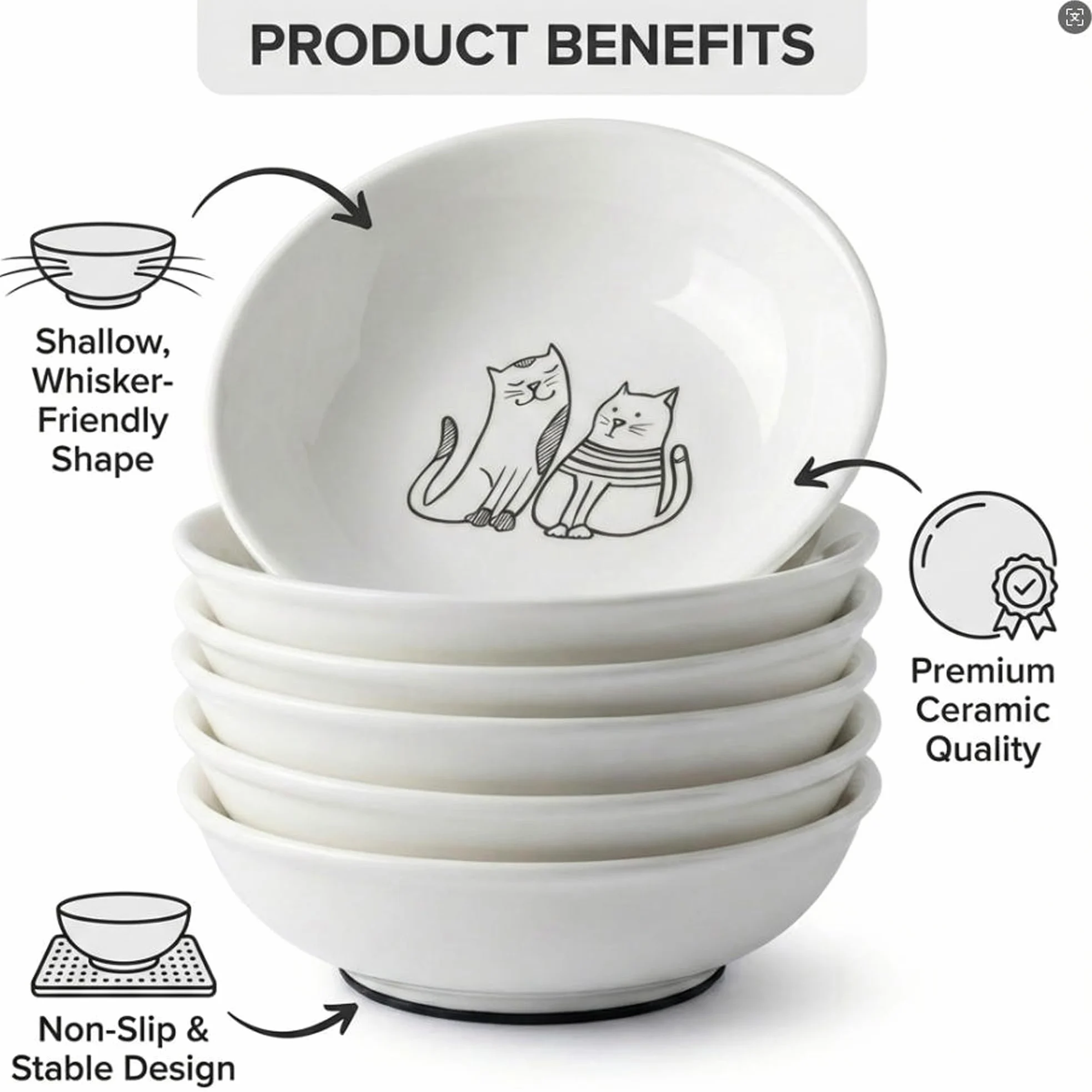 Lot de 6 gamelles pour chat en céramique anti-moustaches et fatigue - Assiettes peu profondes pour nourriture humide et sèche et eau - Base en silicone antidérapante (éléments classiques