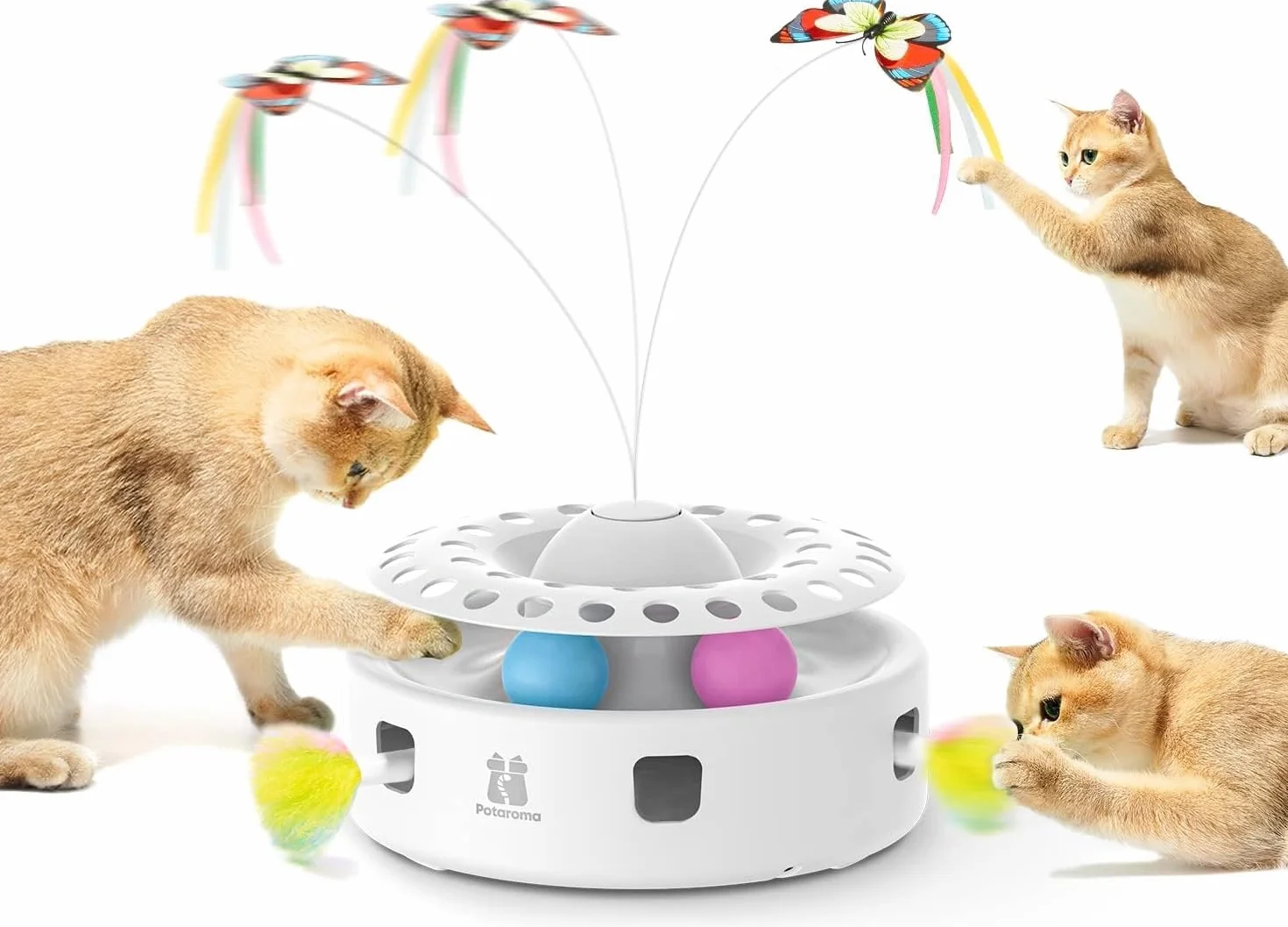 Potaroma Jouet Interactif Automatique 3-en-1 pour Chats d'Intérieur – Plumes Mobiles, Papillon Volant & Balles de Piste, Double Alimentation USB ou Piles