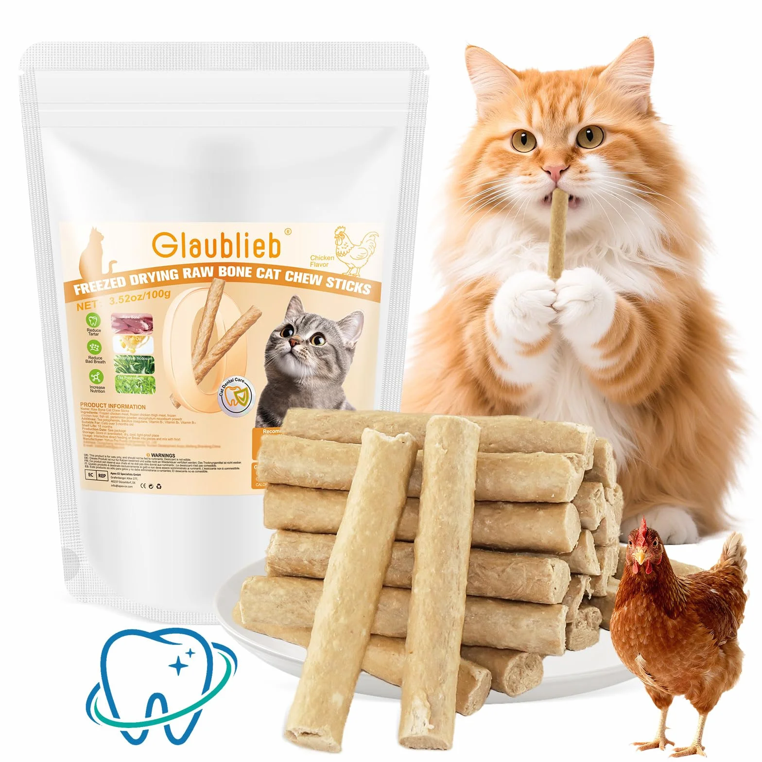 Bâtonnets à Mâcher Lyophilisés pour Chats 100g - Friandises Dentaires pour Haleine Fraîche et Réduction du Tartre