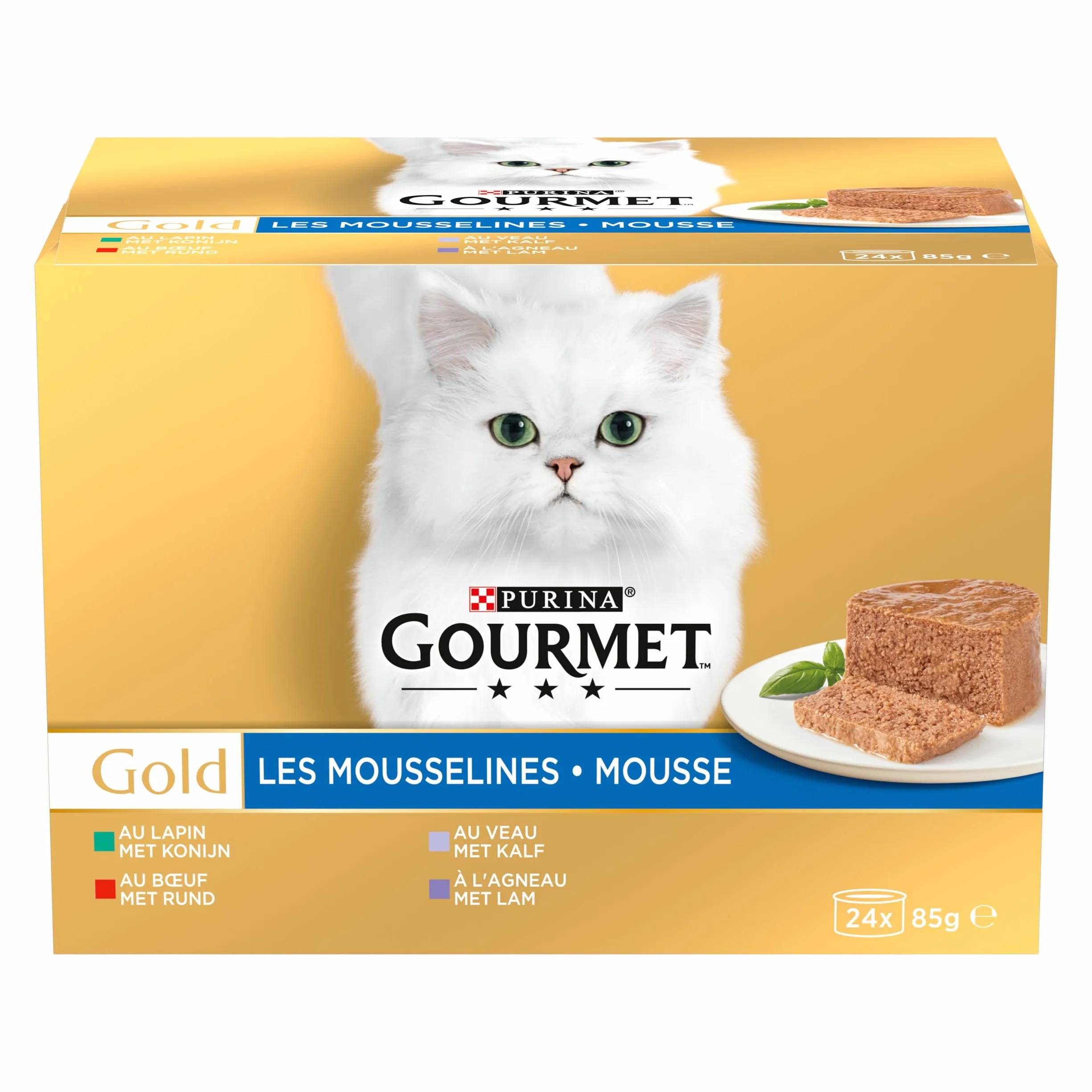 GOURMET GOLD Chat Les Mousselines Aliment Complet pour Chat Adulte Lapin Bœuf Veau Agneau Boite Lot de 4 (24x 85 g)