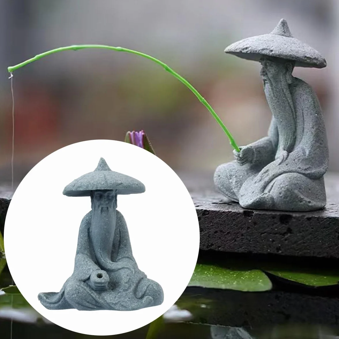 Figurine de pêcheur en grès, décoration aquarium asiatique, ornement jardin japonais