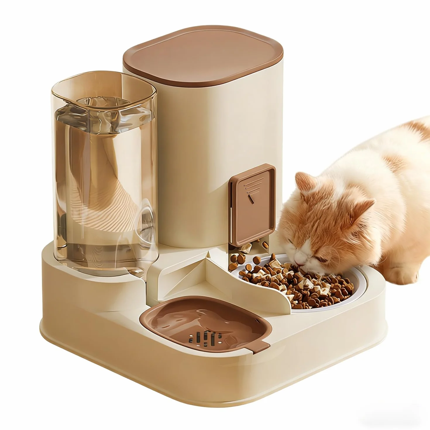 Distributeur de Nourriture Automatique 2 en 1 pour Chiens Chats, avec Bac Eau et Rabat Réglable