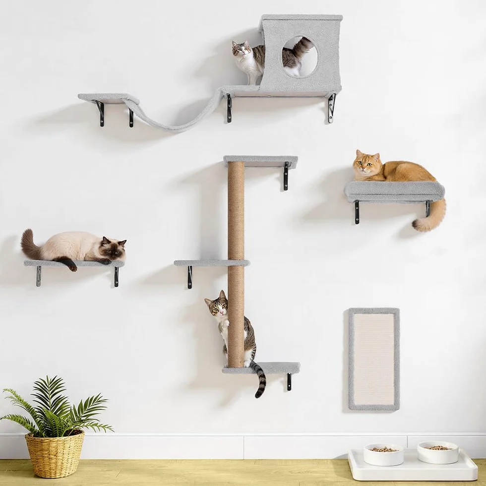 PawGiant Ensemble de mur d'escalade 5 en 1 pour chat, éléments muraux en bois, gris clair | Ensemble mural stable pour chat avec arbre à chat, planche à chat, niche, pont suspendu et repos, jusqu'à 18 kg