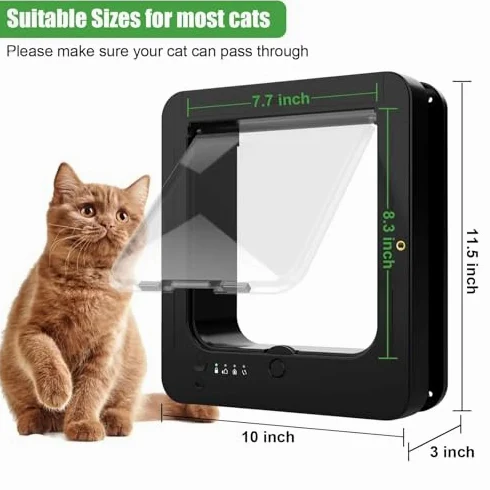 Chatière électronique intelligente pour chat avec 2 colliers de capteur et télécommande, mode de verrouillage réglable, résistant aux intempéries pour ouverture de 19 x 19 cm
