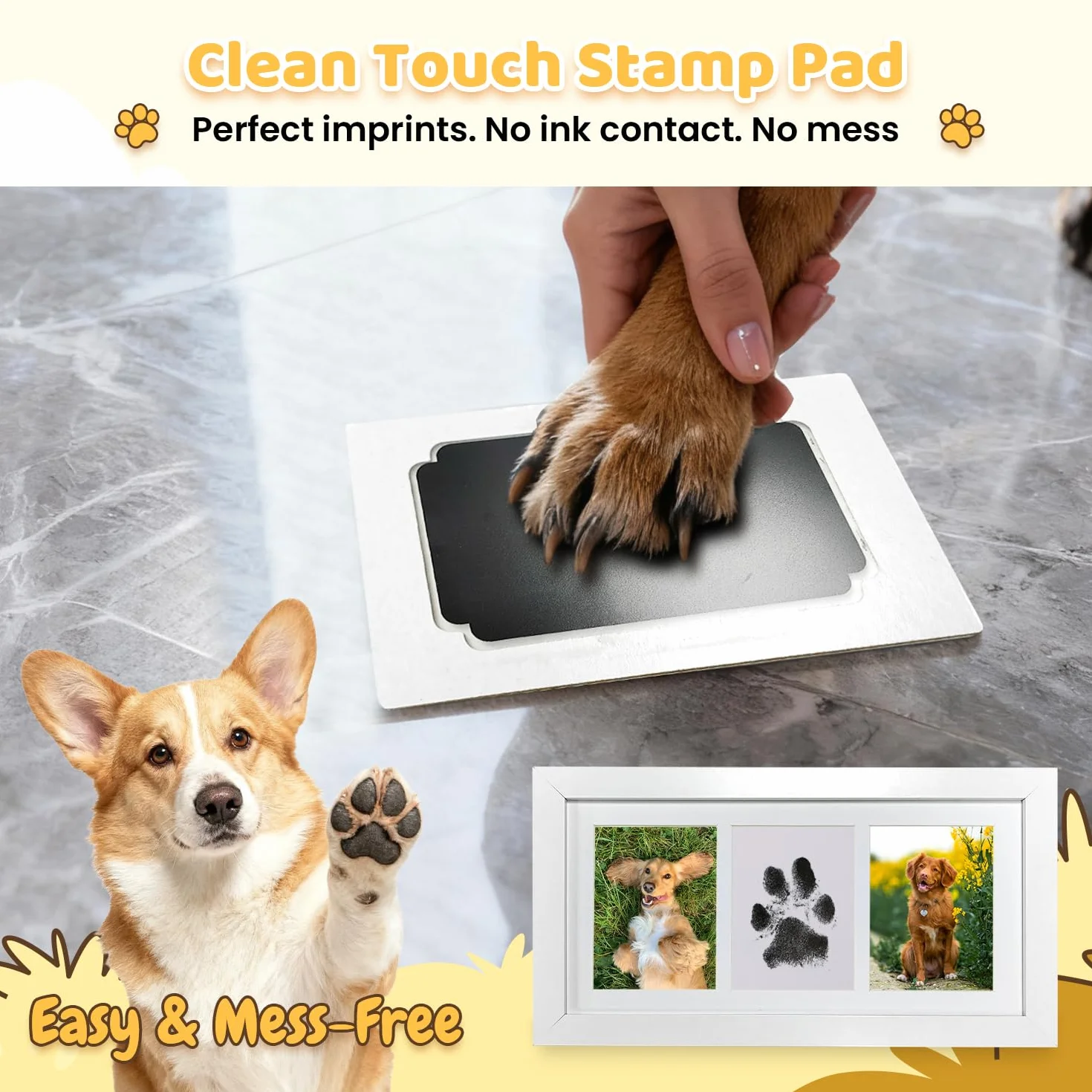 Kit Empreinte Chien Chat avec Cadre Photo en Bois, Kit d'Impression Bébé 0-6 Mois, Blanc